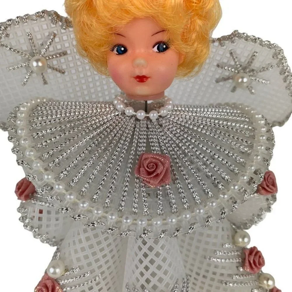 Handmade Vintage Angel Christmas Tree Topper Plastic Canvas Roses Pearl Beads 8